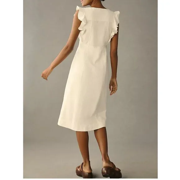 NWOT Anthropologie Pilcro Scoop-Neck Ruffle-Sleeve Buttondown Dress White Sz 10 - Picture 3 of 11